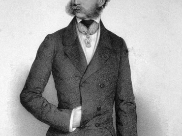 Dr. Josef Alexander Helfert (1820–1910), státní podsekretář pro vyučování ve Schwarzenbergově vládě, dekorovaný Řádem železné koruny 2. třídy. Litografie Augusta Prinzhofera z roku 1855.